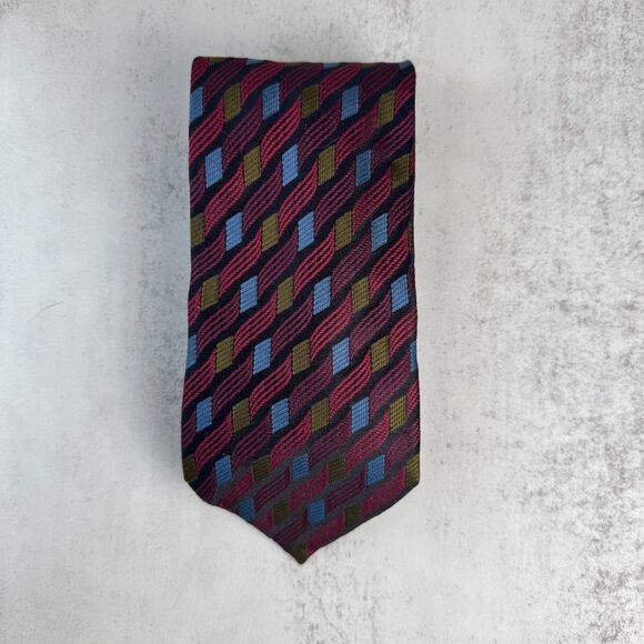 Emilio Romano Red Blue Green Abstract 100% Italian Silk Necktie - Picture 1 of 3